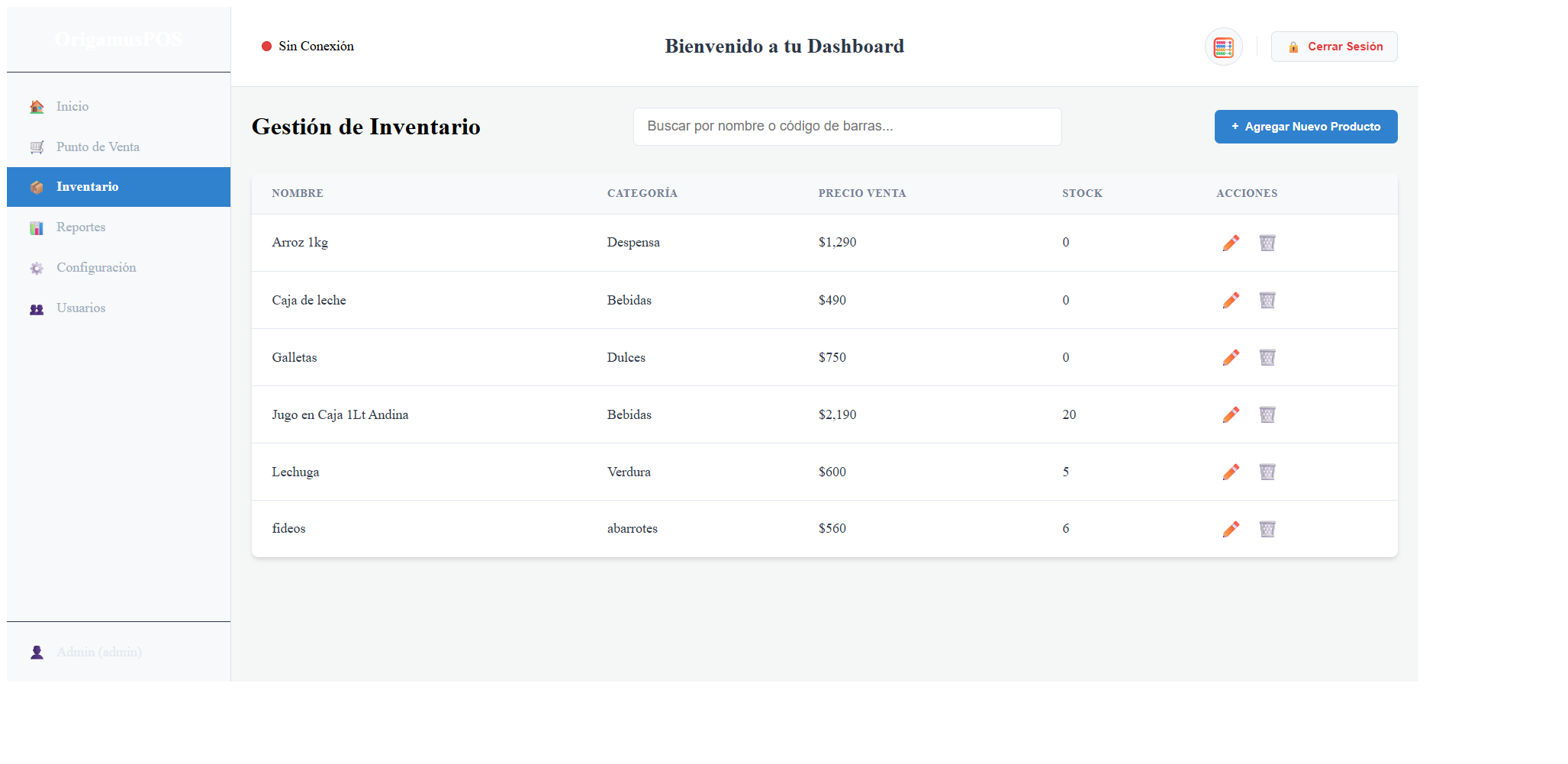Sección de Inventario